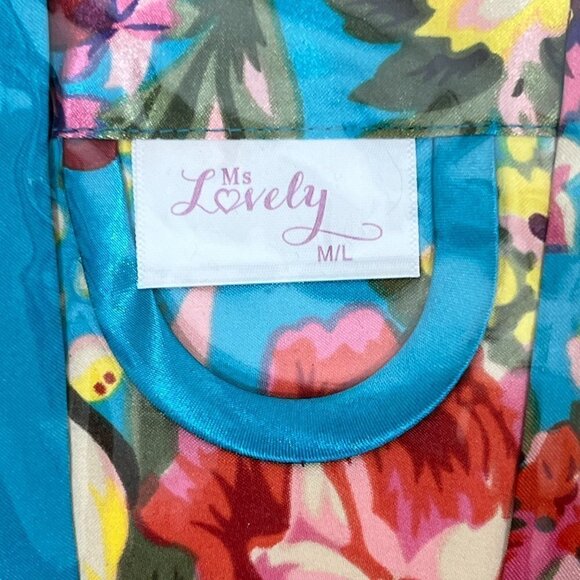 Kimono Robe Blue Floral Satin Pockets Belt Medium - Picture 5 of 6